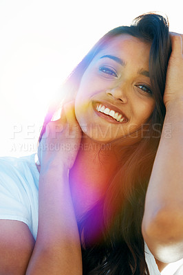 Buy stock photo Mexican woman, portrait and smile for outdoor, travel and breeze for summertime in Bali for vacation. Female person, lens flare and relax abroad in holiday outside and happy for nature and break