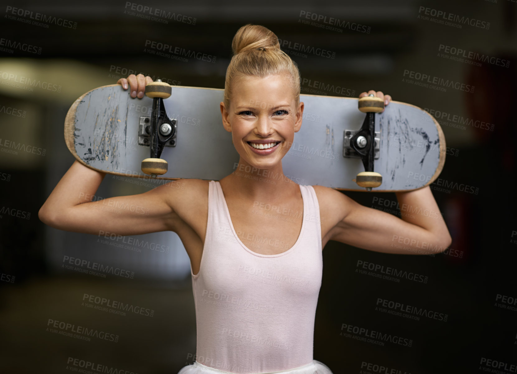 Buy stock photo Happy, ballet and portrait of woman with skateboard for edgy fashion, trendy outfit and hipster style. Parking lot, artistic aesthetic and ballerina smile for dance hobby, sports and skating skill