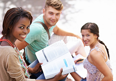 Buy stock photo Studying, university and portrait of students with books on campus for learning, knowledge and reading. Education, friends and man and women with textbook for group work, exam preparation and college