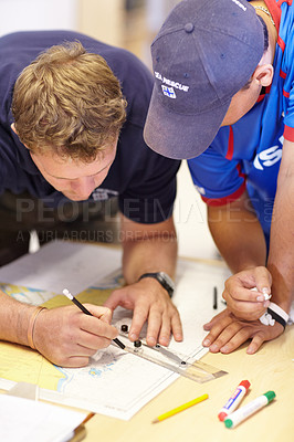Buy stock photo Map, lifeguard teamwork and sea marine investigation with drawing and ruler on table. Sailing strategy, captain and boat worker with navigation paperwork with course planning and distance calculation