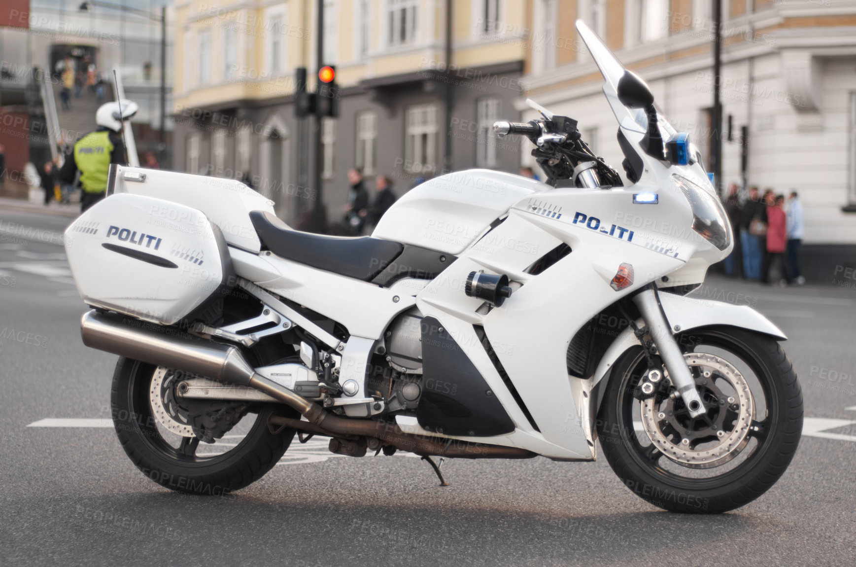 Buy stock photo Police, motorcycle and transportation vehicle in city, safety and law enforcement on urban road, empty street and Norway. Security, motorbike and travel for public service, legal power and authority