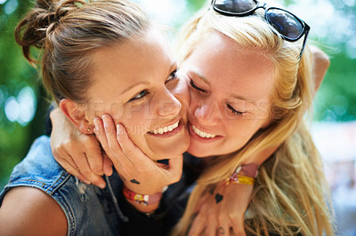 Buy stock photo Lesbian couple, smile and women at music festival outdoor, bonding and having fun together at summer event. Love, lgbtq and happy girls at party for celebration, connection and relationship in nature