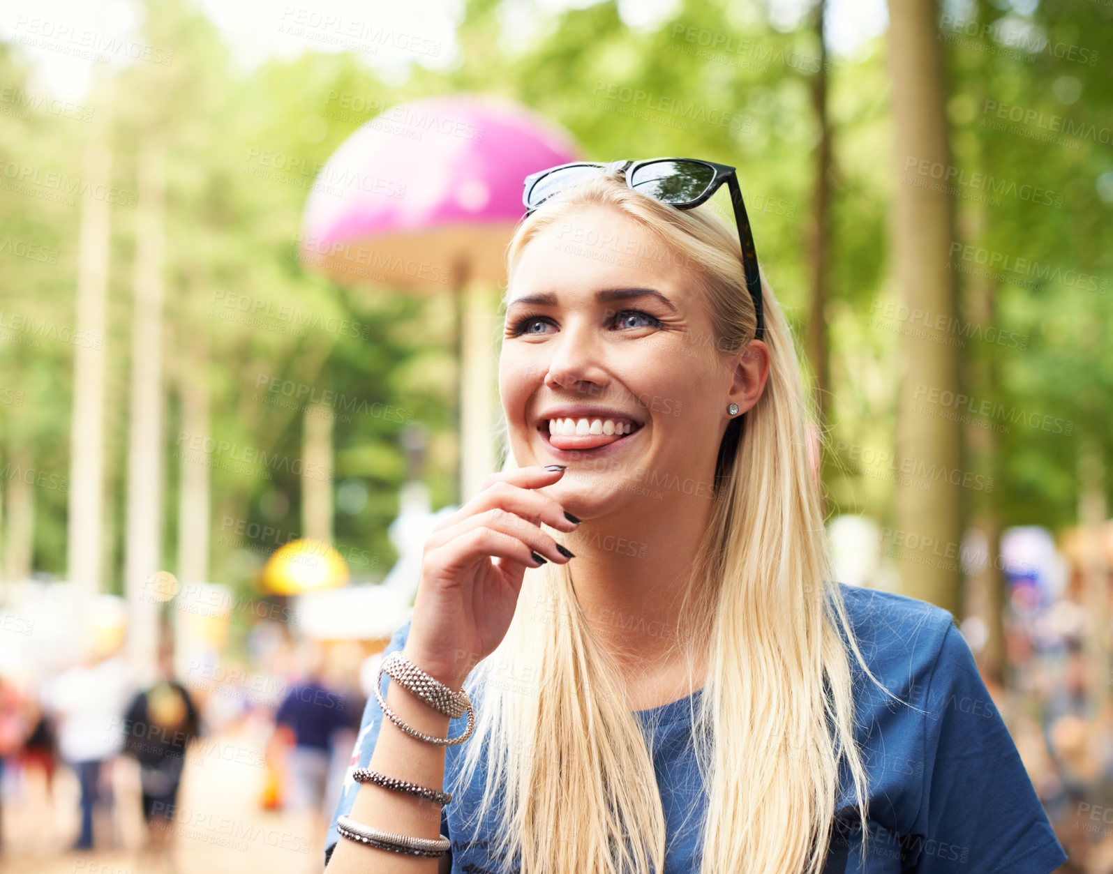 Buy stock photo Outdoor, smile and music festival with woman, thinking and happiness with peace and excited on a holiday. Person, concert and forest with sunshine and weekend break with joy, event and party for fun