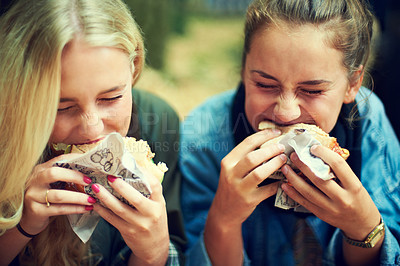 Buy stock photo Shot of two young women eating at an outdoor festival