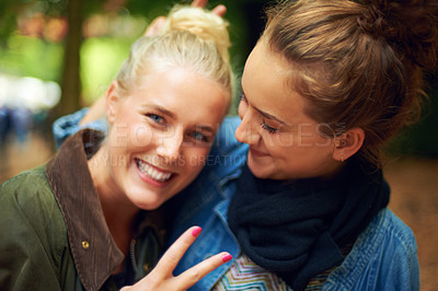 Buy stock photo Park, peace sign and portrait of women hug on holiday, vacation and weekend in nature. Happy, smile and face of people with emoji for bonding, fun and relax on adventure, travel and outdoor trip