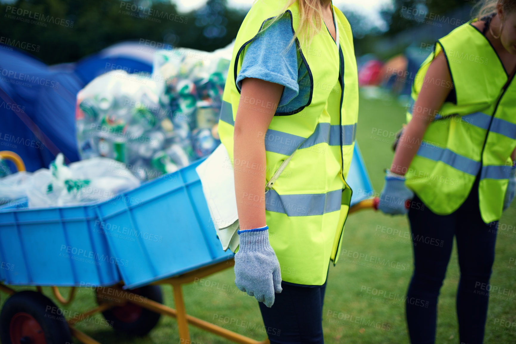 Buy stock photo Recycling, community service hands and volunteer work outdoor with cans and garbage at a park. Cleaning, sustainability and  bottle recycle with people with rubbish and pollution for environment