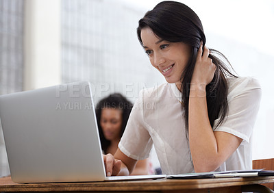 Buy stock photo University, smile and woman in classroom with laptop for development in learning, opportunity and future. Education, knowledge and computer, happy college student in lecture studying for exam or test