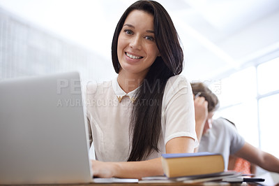 Buy stock photo University, books and portrait of woman in classroom with development in learning, opportunity and future. Education, knowledge and growth for college student in lecture, studying for exam or test.