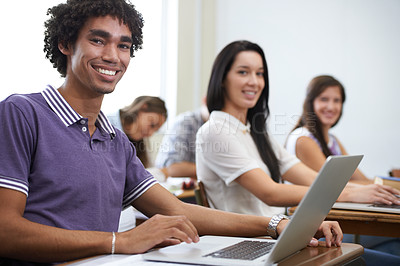 Buy stock photo University, laptop and portrait of students in classroom with smile, learning and future opportunity. Education, knowledge and growth for group of people in college lecture studying for online exam