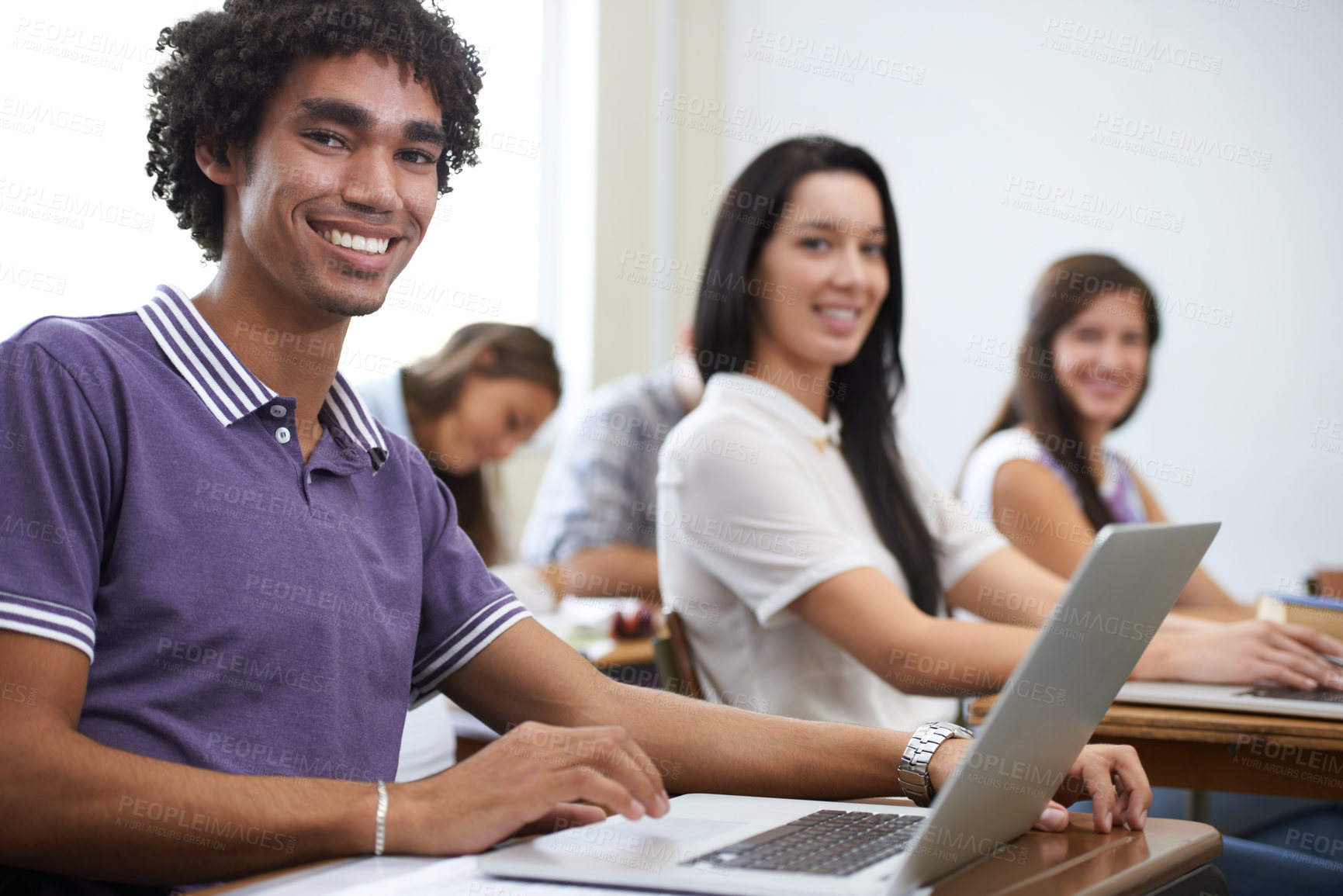 Buy stock photo University, laptop and portrait of students in classroom with smile, learning and future opportunity. Education, knowledge and growth for group of people in college lecture studying for online exam
