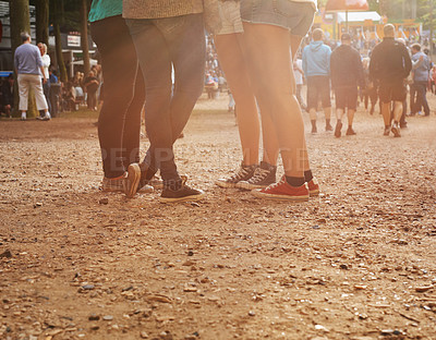 Buy stock photo Legs, forest and group of people at festival together for social event, party or summer celebration. Flare, crowd and friends in woods for talking, bonding or free time in nature with audience