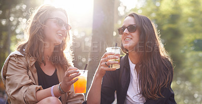 Buy stock photo Relax, women and friends with drinks, outdoor and happiness for bonding, quality time and cheers. Female people, girls and ladies drinking, outside and celebration with joy, cheerful and social event