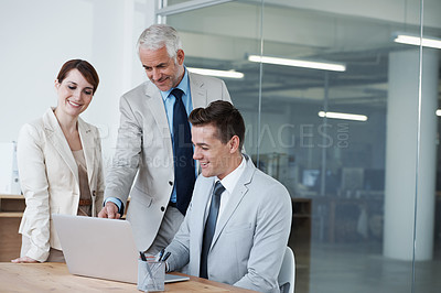 Buy stock photo Computer, discussion and business people in office for research on corporate legal project in collaboration. Team, technology and group of attorneys work on case with laptop in workplace boardroom.