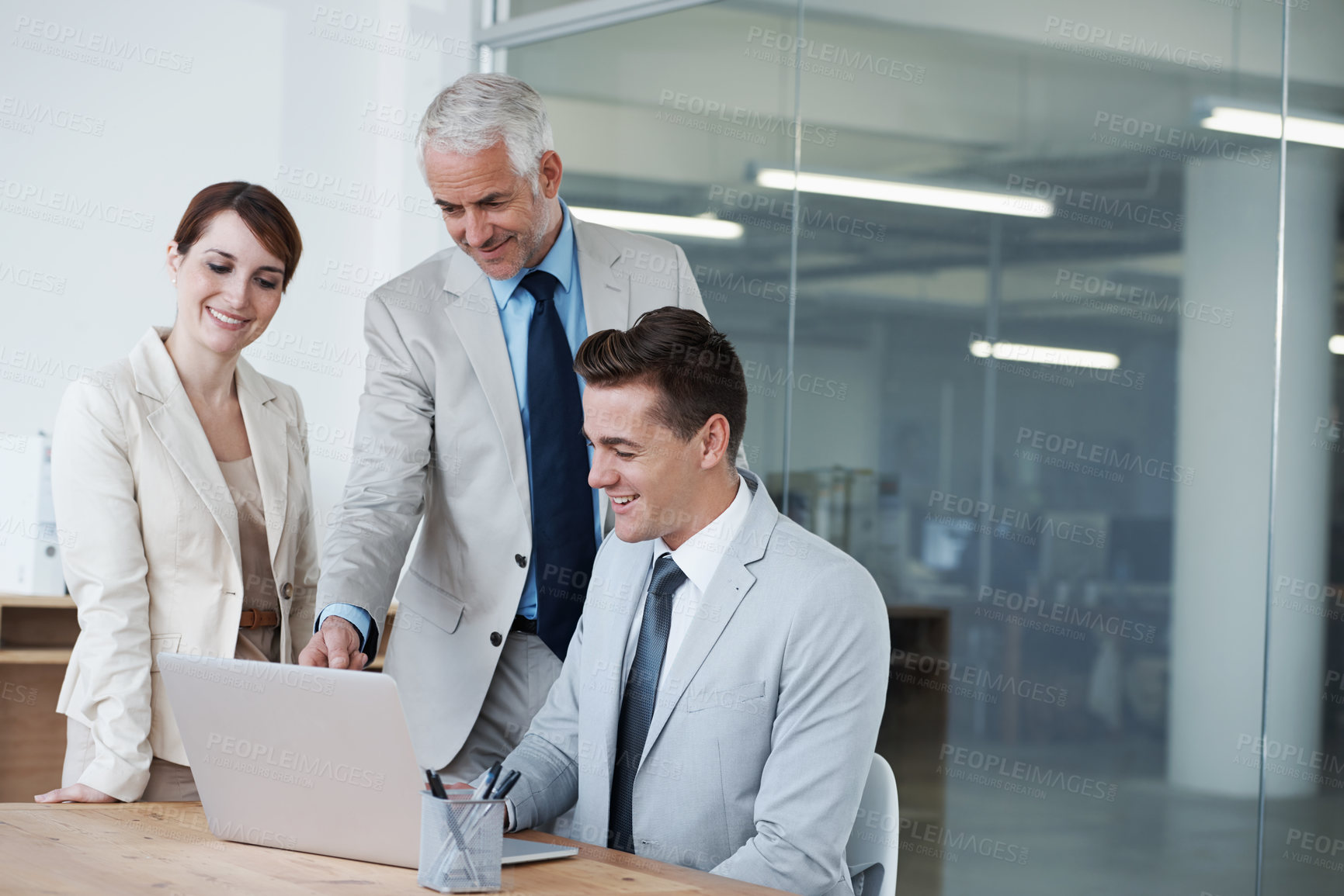 Buy stock photo Computer, discussion and business people in office for research on corporate legal project in collaboration. Team, technology and group of attorneys work on case with laptop in workplace boardroom.