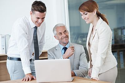 Buy stock photo Business people, laptop and training for support in boardroom, communication and meeting in office. Senior manager, employees and technology for assistance in planning, mentor and advice for work