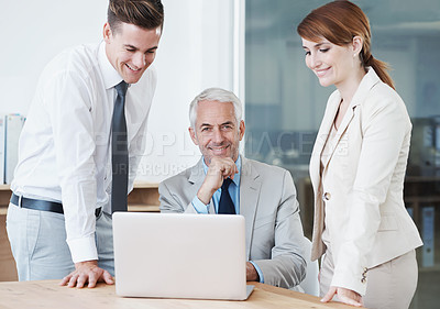 Buy stock photo Laptop, portrait and manager with business people in office for corporate legal project meeting. Discussion, technology and professional team of lawyers work on computer by desk together in workplace