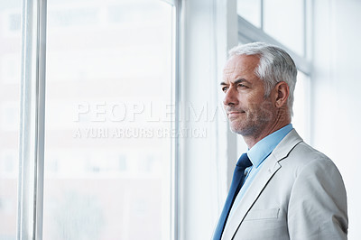 Buy stock photo Mature, man and thinking of business at window, planning for future and idea for office. Professional, mindset and businessman remember a dream for company and consider decision, choice or solution