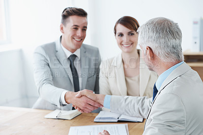 Buy stock photo Handshake, success and business people in office for meeting, contract or consulting advice. Smile, finance or thank you with corporate employee shaking hands in boardroom for promotion agreement