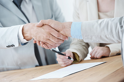 Buy stock photo Handshake, business people and collaboration, onboarding with human resources in meeting or interview. Contract, cooperation and partnership with signature, recruitment and shaking hands for welcome