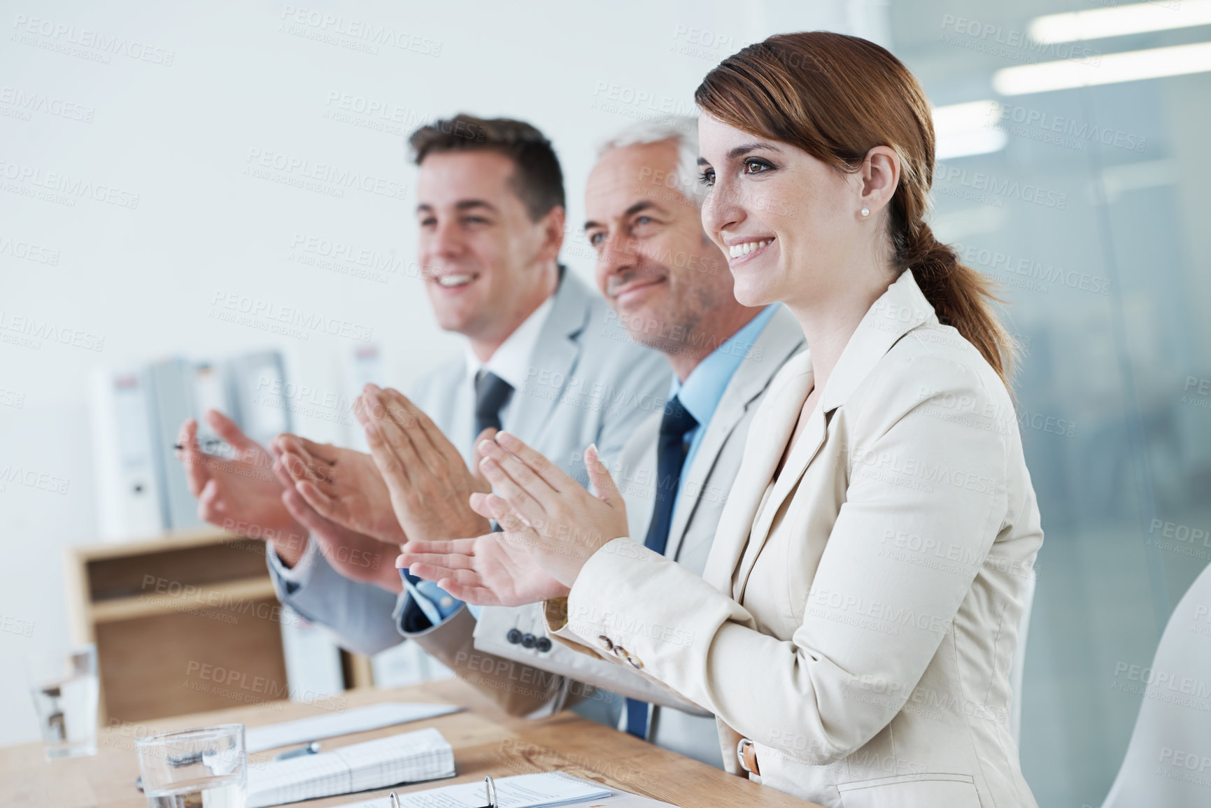 Buy stock photo Business people, applause and support for success with congratulations and audience at presentation or seminar. Clapping hands, pride and team praise, workshop in conference room for winner or reward