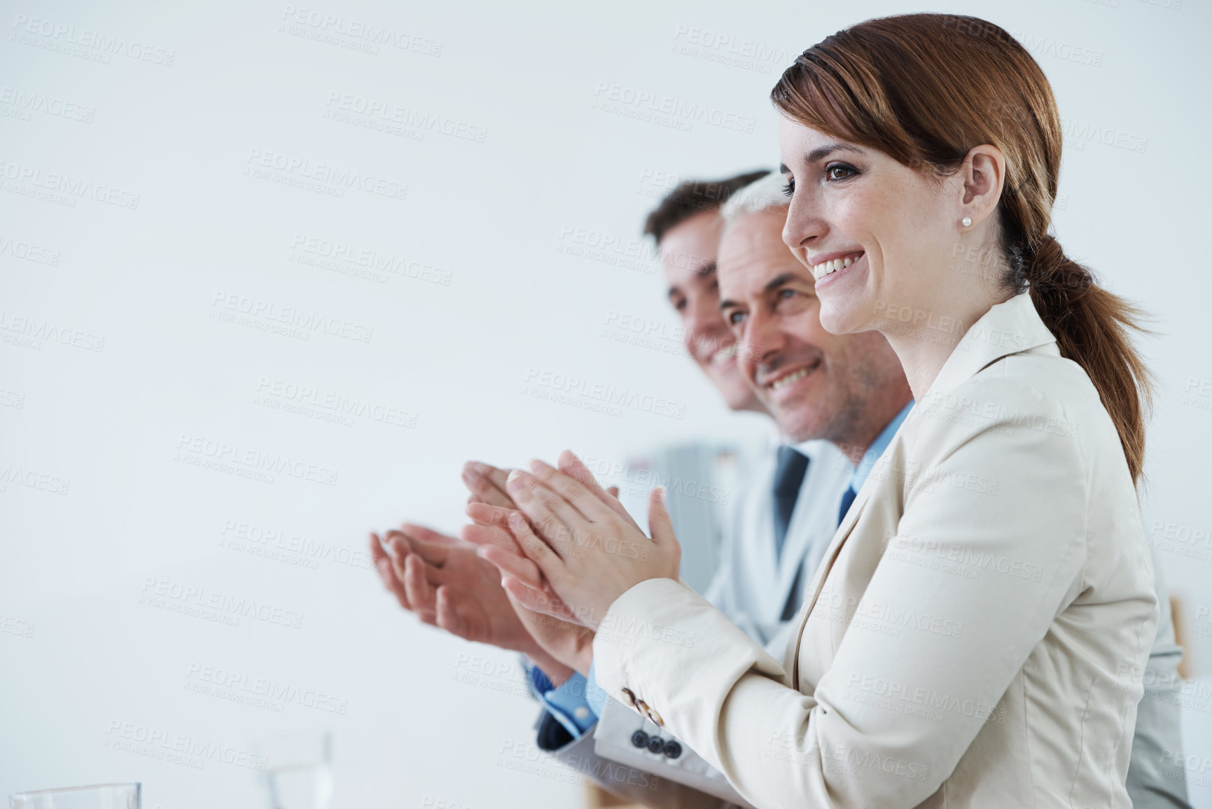 Buy stock photo Business people, applause and support for success with audience at presentation or seminar for congratulations. Clapping hands, pride and team praise, workshop in conference room for winner or reward