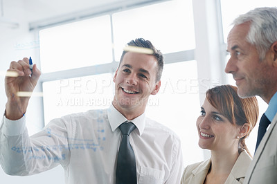 Buy stock photo Business people, glass wall and writing with planning, brainstorming and coaching with teamwork. Cooperation, manager or employees with conversation or collaboration with a project, corporate or idea
