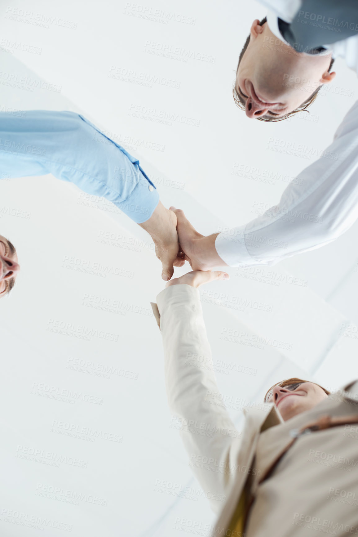 Buy stock photo Hands, high five and low angle of people with success, celebration and support for achievement in teamwork. Business, collaboration and group with cooperation, solidarity and team building gesture