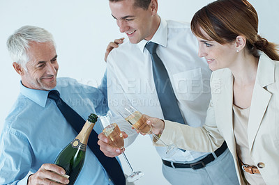 Buy stock photo Champagne, boss or happy business people in office party in celebration of target or success together. Drinking, pour or toast with team, CEO or group of colleagues in workplace for winning or goals