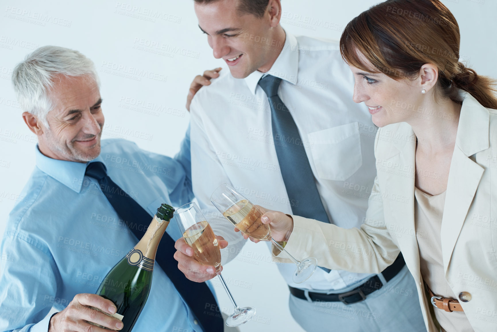 Buy stock photo Champagne, boss or happy business people in office party in celebration of target or success together. Drinking, pour or toast with team, CEO or group of colleagues in workplace for winning or goals