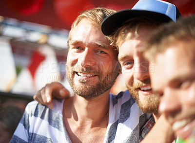 Buy stock photo Men, smile and portrait of friends at music festival, event and  embrace at social gathering. Face, happy and group of people at party, carnival or concert for celebration together outdoor in France