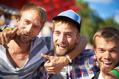Buy stock photo Men, happy or portrait of friends at music festival, event or embrace at social gathering with thumbs up. Face, smile or group of people at party, carnival or concert for celebration together outdoor