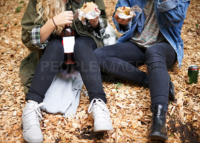 Buy stock photo Two friends enjoy a burger with their wine at a music festival