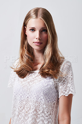 Buy stock photo Studio, portrait and woman for haircare, fashion or beauty on white, background and mockup in Norway. Female model, healthy hair and natural makeup for boho chic, spring, or summer collection