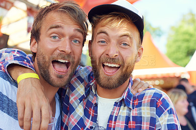 Buy stock photo Excited, men and celebration in portrait at festival, forest and reunion for bonding together on holiday. Friends, face and happy on vacation in woods and danish music culture at  concert in denmark