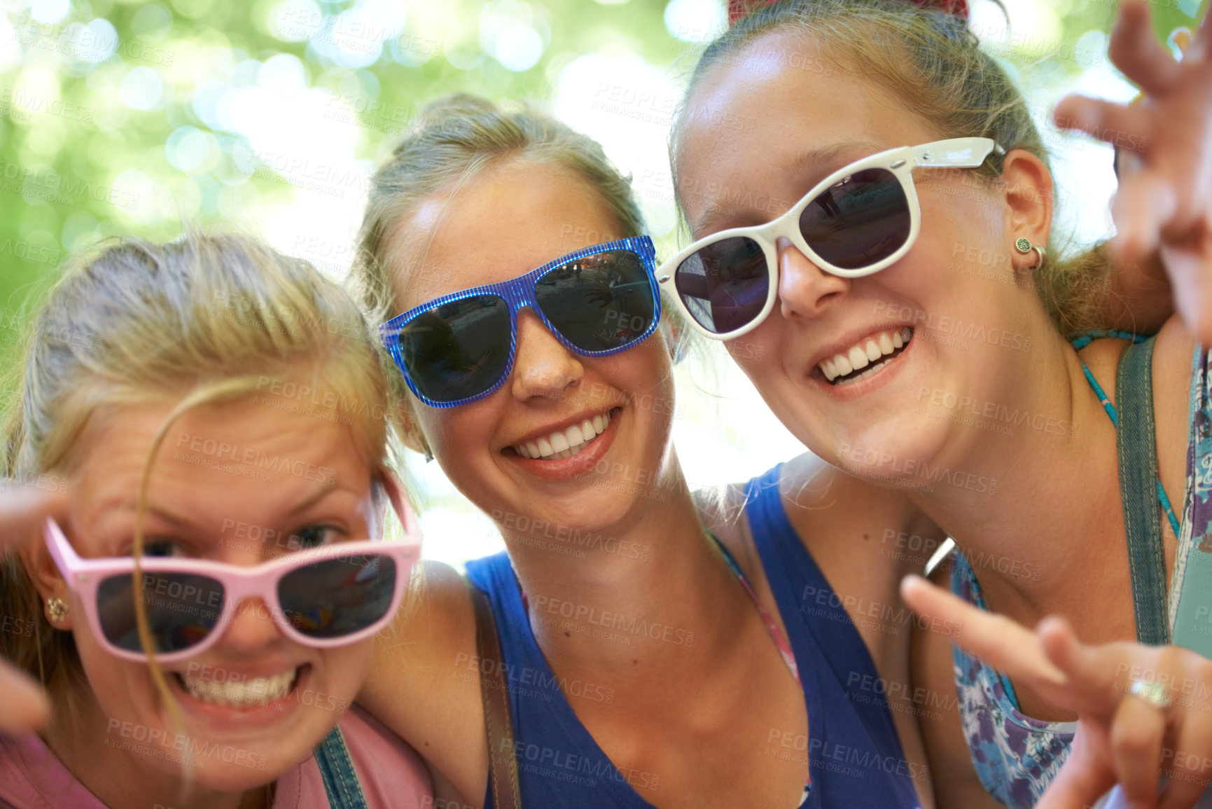 Buy stock photo Sunglasses, friends and portrait of women in nature on holiday, vacation and weekend outdoors. Happy, fashion and people with trendy style for bonding, fun and relax on adventure, travel and trip