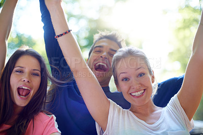 Buy stock photo Portrait, friends and celebration at music festival in nature, bonding and happiness with social in forest. Man, women and happy face with hands in air, camping and outdoor adventure in denmark woods