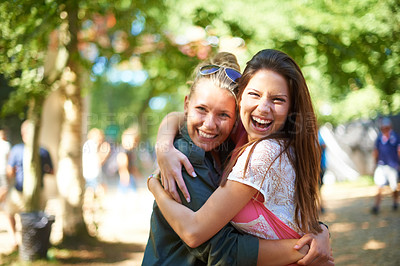 Buy stock photo Portrait, girls or happy friends hug at music festival outdoor, event or bonding at concert. Face, embrace or women together at party for celebration, carnival or smile of people having fun in nature