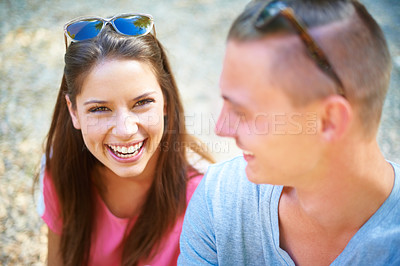 Buy stock photo Portrait, smile and couple together at music festival, relax or celebration at event on valentines day date for relationship in summer. Face, man and happy woman laughing at outdoor party or carnival