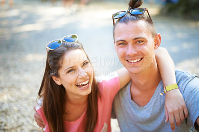 Buy stock photo Love, portrait and happy couple hug in a park for travel, care and bonding together. Holiday, face and people embrace in a forest on day off, vacation or adventure on summer trip or date in nature