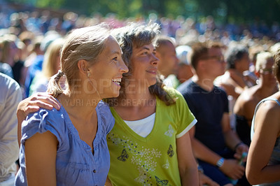 Buy stock photo Mature, women and friends by festival look happy, outdoors and holiday in Amsterdam. Music concert, audience and summer vacation for happiness, celebration and party for sunshine festive vibe