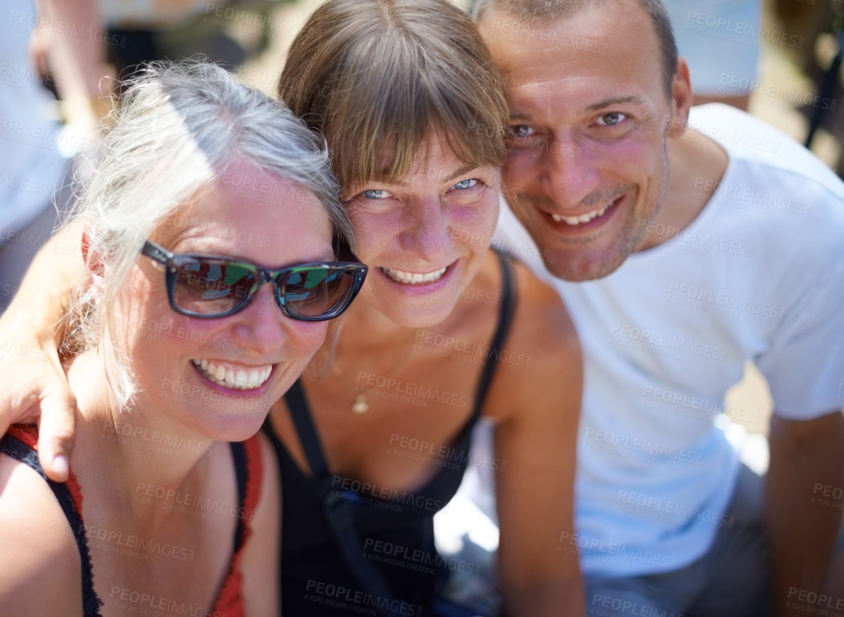 Buy stock photo Portrait, people and happy friends at festival outdoor, bonding and having fun together at celebration in summer. Face, smile and group of mature women, man and party at carnival for social event