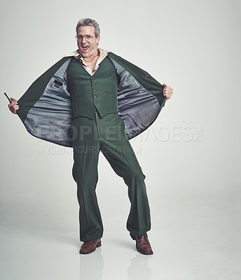 Buy stock photo Portrait, senior and happy man in fashion for style or business outfit on a gray studio background. Mature, male person or model posing with smile in formal or green vintage clothing on mockup space