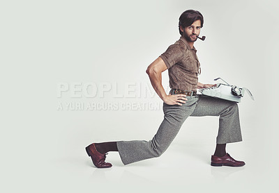 Buy stock photo A young man dressed in 70's style clothing - isolated