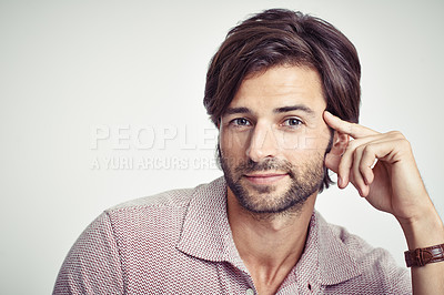 Buy stock photo Face, man and fashion in studio with retro outfit, grey background, smile and style in vintage clothes. Fashionable, fancy and elegant with old school look, stylish and trendy with confidence. 