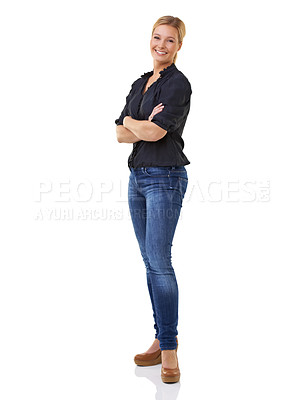 Buy stock photo Business woman, portrait and studio with smile, space and jeans for arms crossed. Female entrepreneur, formal and happy for company, career and mockup standing with white background with confidence