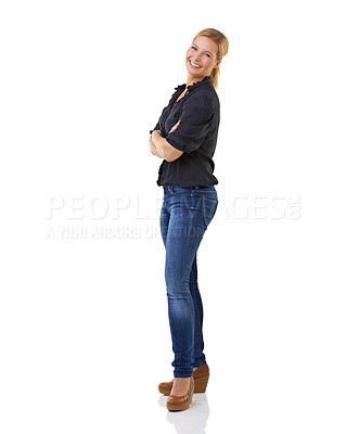 Buy stock photo Business woman, portrait and studio with smile, fashion and jean for meeting or interview. Professional female, formal and happy for startup, company and promotion while standing by white background 