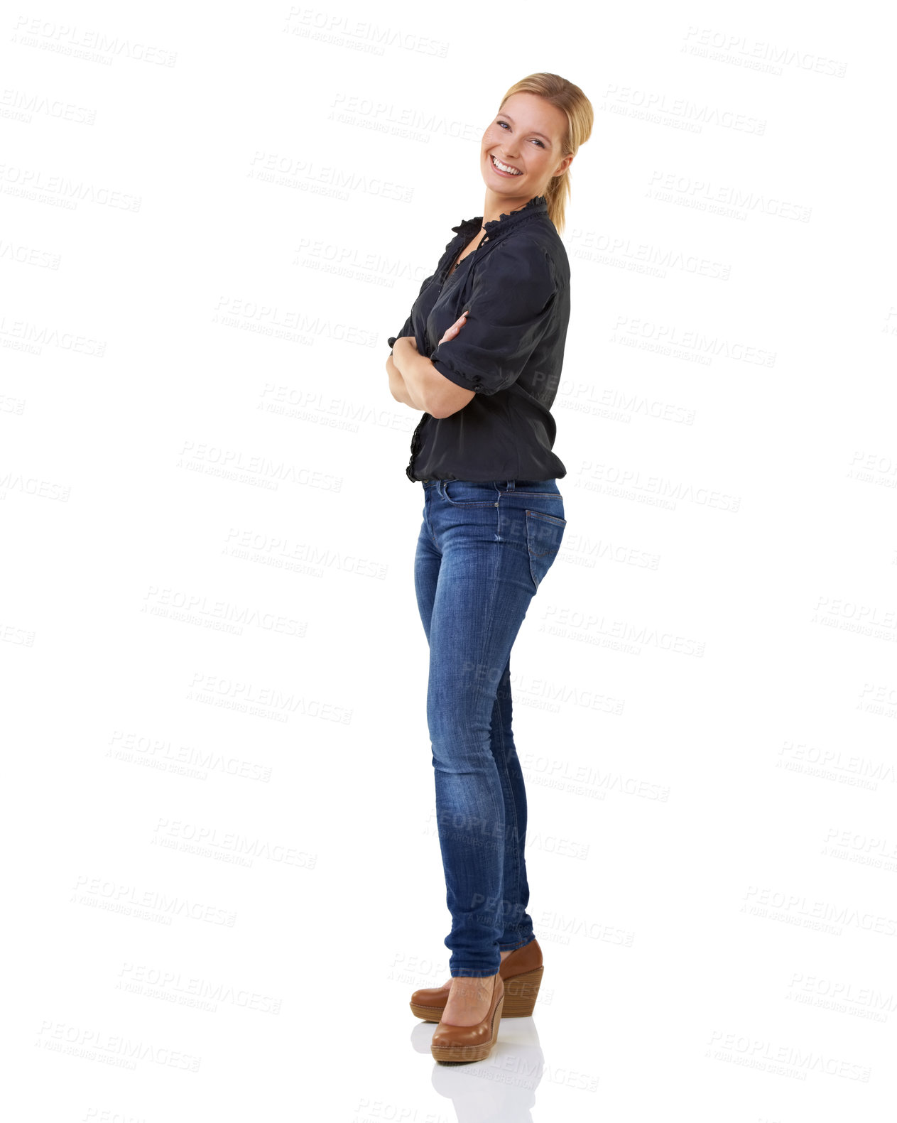 Buy stock photo Business woman, portrait and studio with smile, fashion and jean for meeting or interview. Professional female, formal and happy for startup, company and promotion while standing by white background 