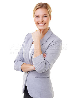 Buy stock photo Portrait, smile and professional with business woman in studio isolated on white background for employment. Face, corporate and happy young person in suit for career, job or work as employee