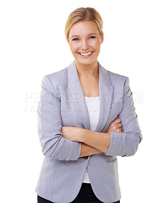 Buy stock photo Smile, crossed arms and portrait of woman in studio with positive, good and confident attitude. Happy, pride and young female person with business fashion or style isolated by white background.