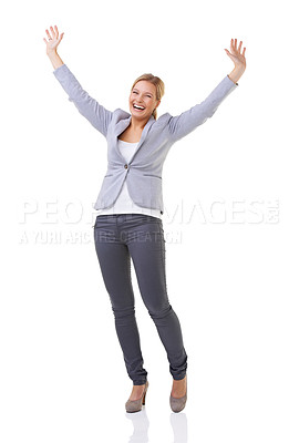 Buy stock photo Portrait, wow and success with business woman in studio isolated on white background for celebration. Winner, motivation and goals with happy young person cheering for target, achievement or victory